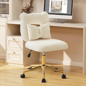 furnimart swivel desk chair cute vanity chair with kawaii backrest & lumbar pillow, armless comfy faux fur accent chairs for bedroom, makeup room, dorm, teenage girls (ivory white)