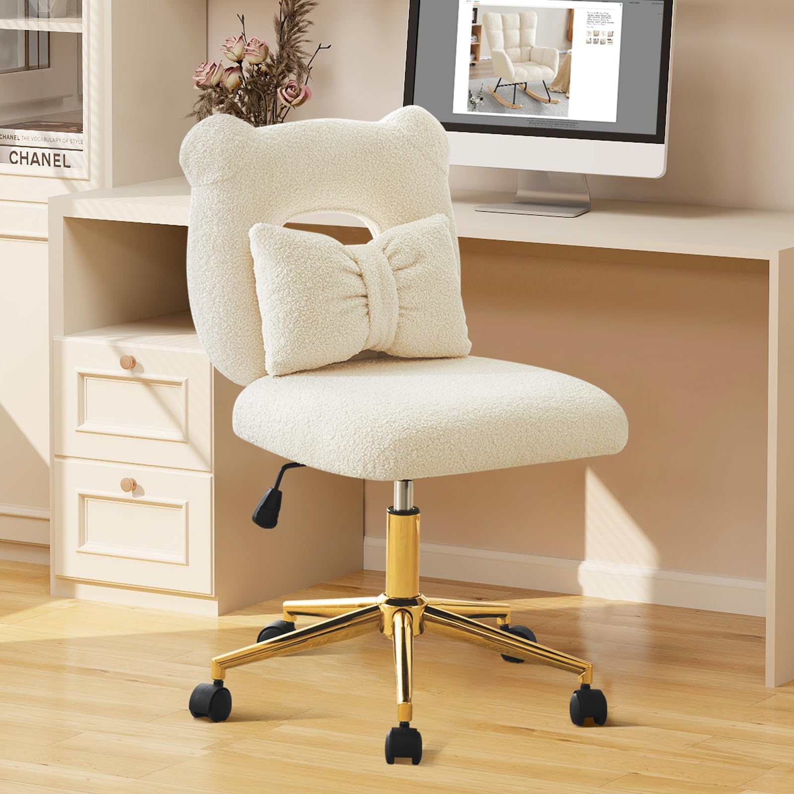 Furnimart Swivel Desk Chair Cute Vanity Chair with Kawaii Backrest & Lumbar Pillow, Armless Comfy Faux Fur Accent Chairs for Bedroom, Makeup Room, Dorm, Teenage Girls (Ivory White)