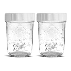 regular mouth mason jars 8 oz - (2 pack) - ball regular mouth half pint 8-ounces mason jars with white m.e.m food storage plastic lids - for storage, freezing - leak proof, microwave & diswasher safe