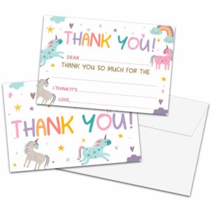 kids thank you cards fill in the blank, magic unicorn thank you cards, rainbow unicorn greeting cards, thank you notes for girls, birthday party decorations favors (20 cards with 20 envelopes) -08