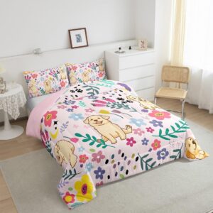 Erosebridal Floral Dog Comforter for Boys Girls Twin Pink Dog Bedding Set Cartoon Animal Comforter Sets,Cute Botanical Golden Retriever Puppy Bed Sets with 1 Pillowcase Soft