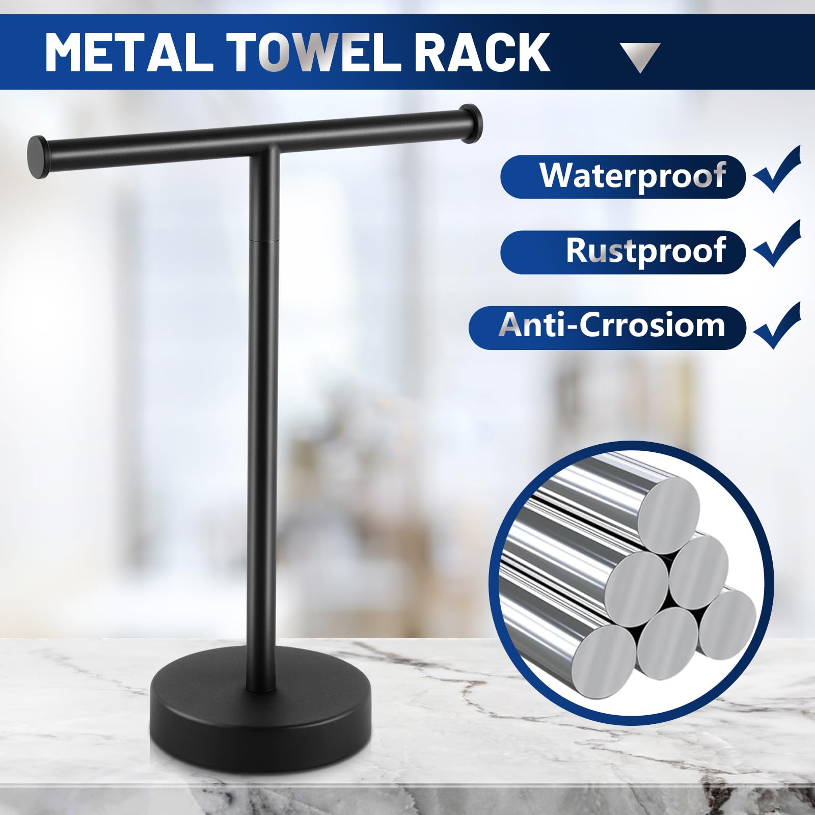 Hand Towel Holder, Hand Towel Holder for Bathroom with Heavy Base, T-Shape Waterproof Bathroom Hand Towel Holder, Hand Towel Stand with Anti-Slip Pad Design, Matte Black & Rustproof Towel Holder Stand