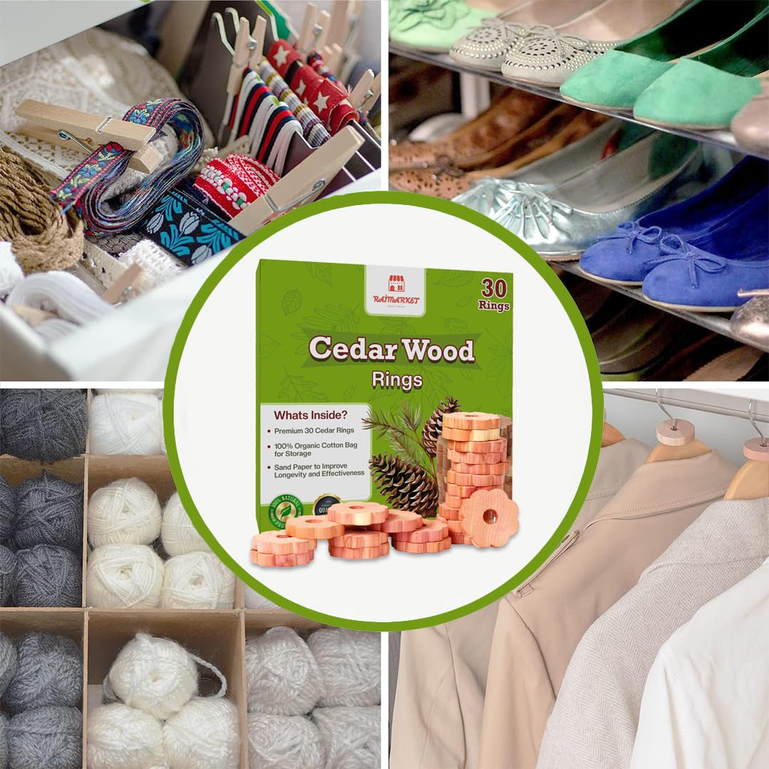 Raimarket Cedar Blocks for Clothes Storage - 30 Pack Cedar Chips Wood Flowers & Cedar for Closets, Wardrobe, Drawers & Shelves - Natural Aroma & Moisture Absorption