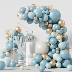 134pcs dusty blue balloons arch garland kit, dusty baby pastel blue chrome gold blue sand white confetti balloon for boy baby shower decorations bridal shower gender reveal birthday party supplies