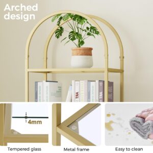 Homhedy 6-Tier Bookshelf Arched Display Racks, Metal Bookcase, Tempered Glass Shelves, Slim Storage Rack Shelf for Home Office, Living Room, Bedroom, Bathroom, Modern Style, Golden