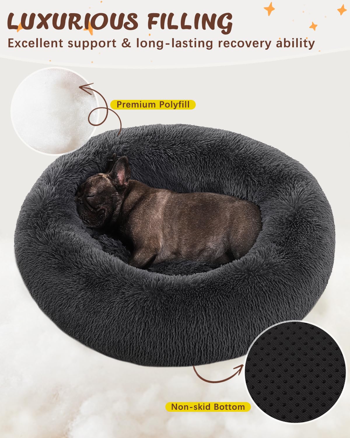 KSIIA Calming Dog Bed Anti-Anxiety Round Donut Dog Beds for Small Dogs Cat Beds for Indoor Cats Fluffy Comfort Small Dog Bed with Ultra-Soft Plush Washable Dog Bed with Non-Skid Bottom, 23", Gray