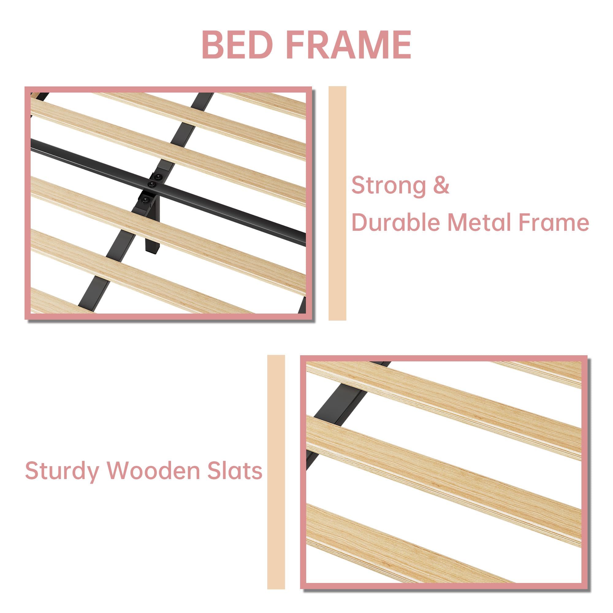 IDEALHOUSE Twin Pink Bed Frame, Twin Velvet Upholstered Bed Frame with Height Adjustable Headboard, Girl Twin Bed Frame with Strong Wood Slat Support and Metal Frame, Easy to Assemble