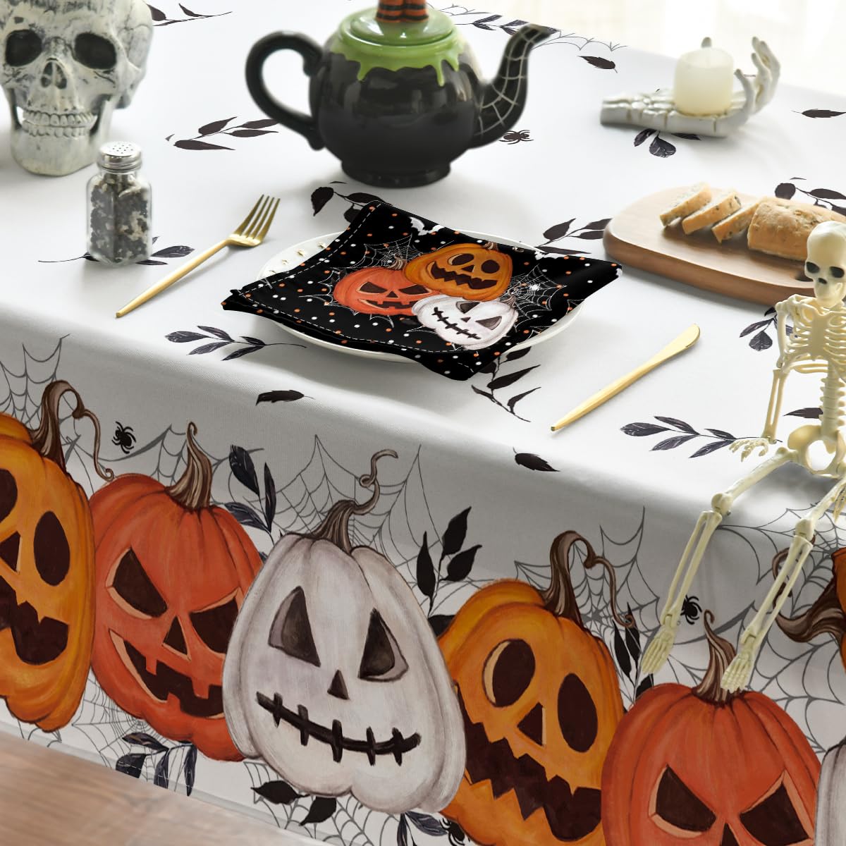 Horaldaily Halloween Tablecloth 60×84 Inch Rectangular, White Orange Jack-O-Lantern Pumpkin Cobweb Washable Table Cover for Party Picnic Dinner Decor