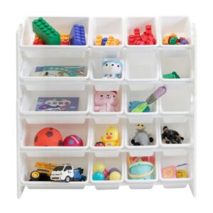 uniplay 5 tier toy storage organizer with 20 removable bins, re-configurable base, multi-functional for books, building blocks, school materials, toys, or garage storage with baseplate board frame