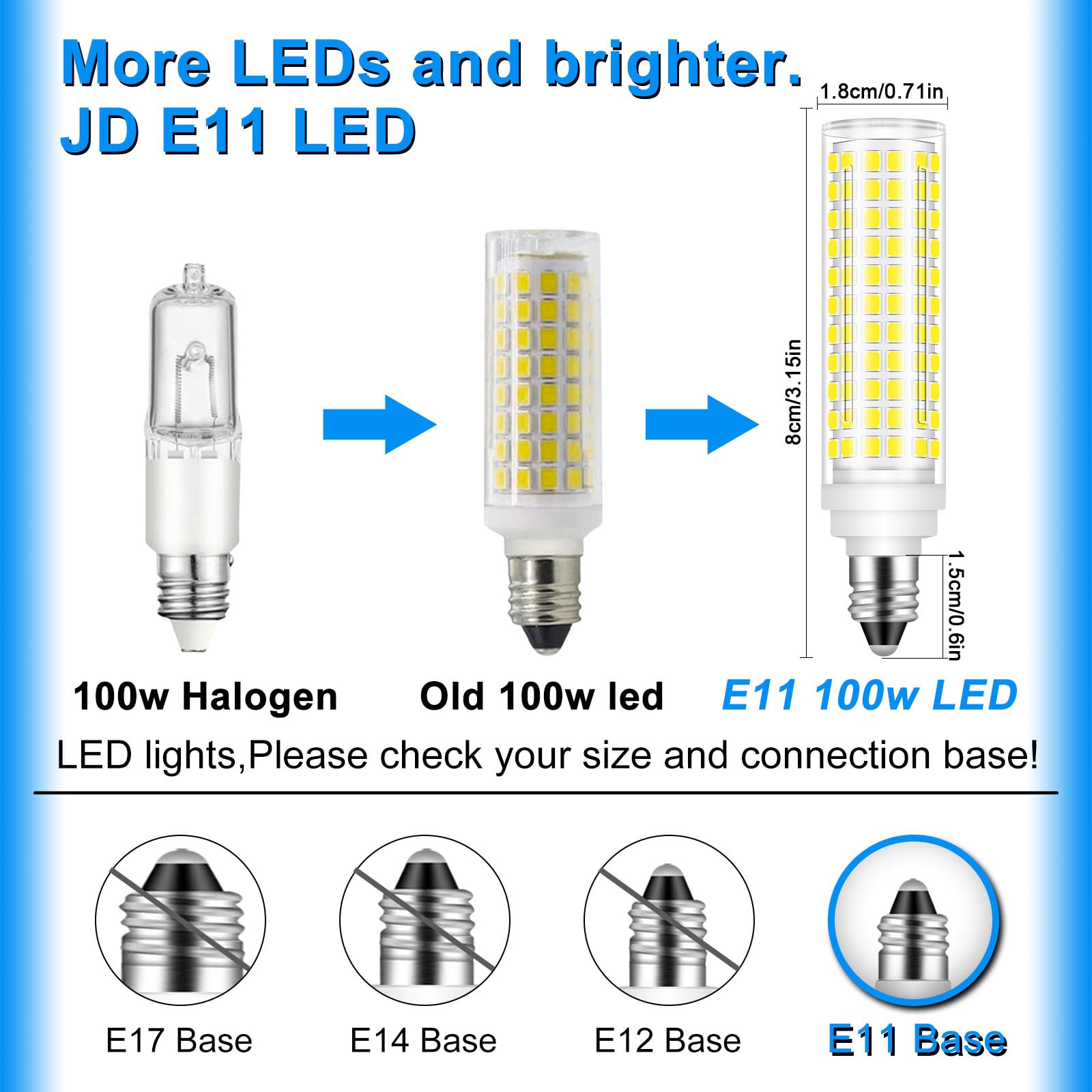 Megereet E11 LED Bulb 100W Halogen Bulbs Equivalent, JDE11 T4 Mini Candelabra LED Bulb Dimmable,Daylight White 6000K,10W 1000LM JDE11 120V 100W LED for Ceiling Fan Pendant Lighting,2 Pack