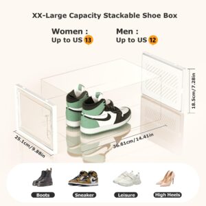 Kuject XX-Large Highly Transparent Shoe Boxes Clear Plastic Stackable with Lids for Sneaker, Shoe Storage Organizer Container for Display, Shoe Organizer for Closet, Fit Size 13(14.41"x 9.88"x7.28")