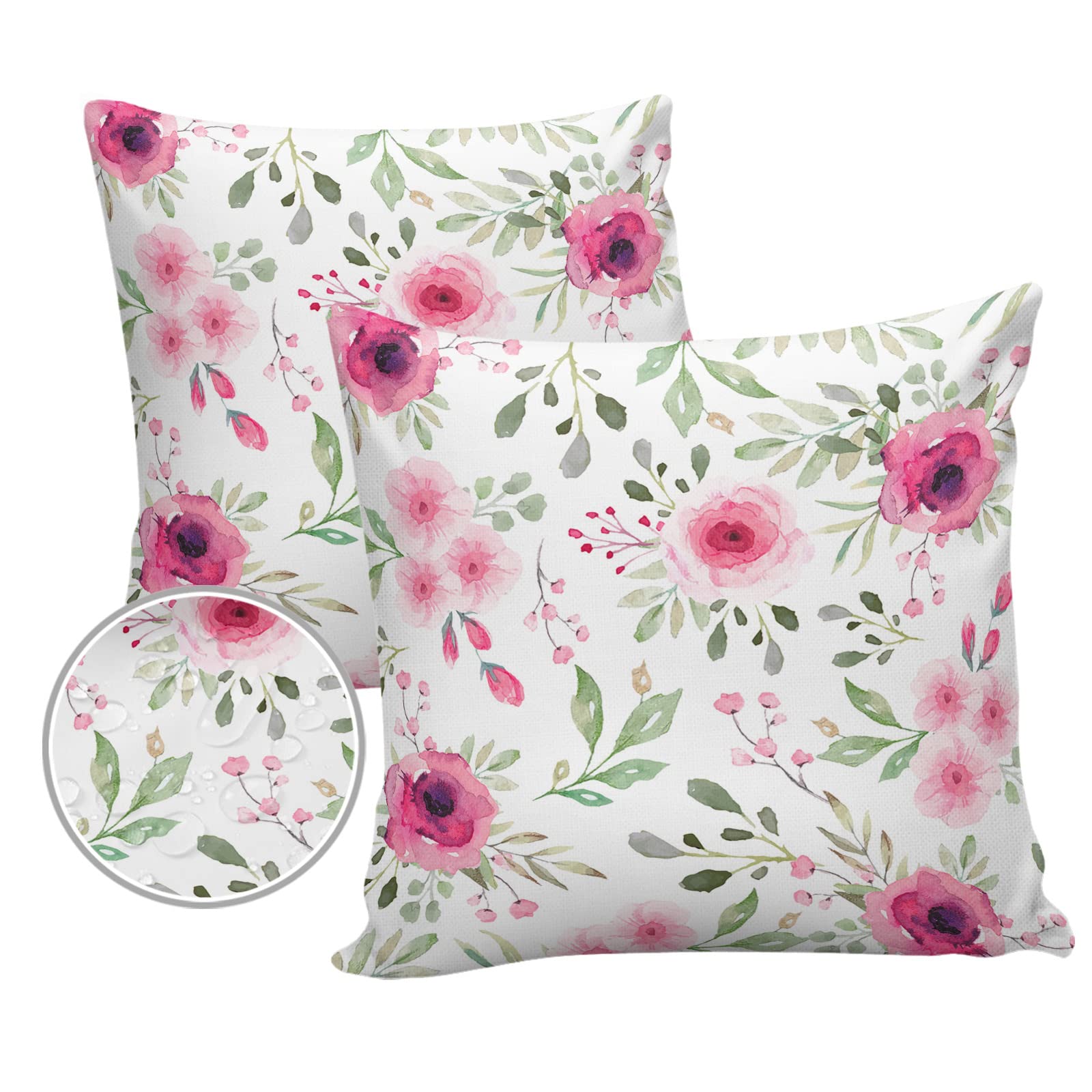 ALAGEO Outdoor Waterproof Pillow Covers for Patio Furniture Pink Flowers Decorative Throw Pillow Cover Spring Style Floral Pillowcases Set of 2 Cushion Case for Sofa Couch Chair Home Decor 18x18 inch