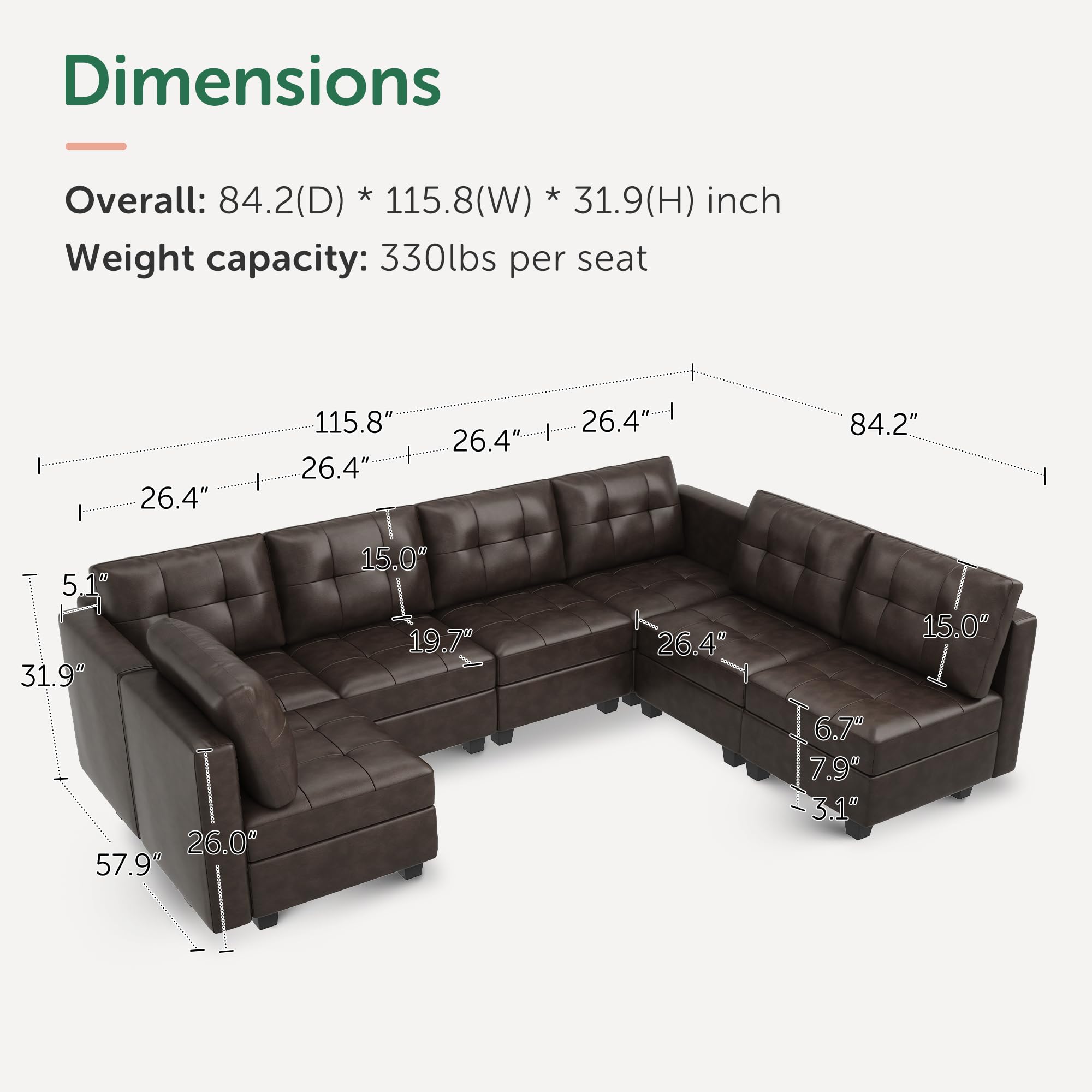 HONBAY Modular Sectional Couch with Storage Faux Leather Convertible Modular sectional Sofa u Shaped Couch with Ottomans and Chaises Faux Leather 7-Seater Sectional Sofa for Living Room, Brown