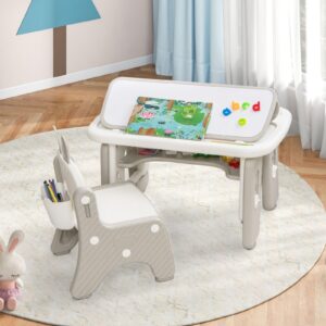 INFANS Kids Table and Chair Set, Activity Table with Magnetic Drawing Board 4 Gears Adjustable Height Bookshelf Watercolor Pens, Toddler Plastic Furniture Table for Playing Reading Eating