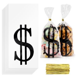 money treat bags, 100pcs dollar sign candy bags, 10.63x5 inch dollar sign cellophane treat bags, plastic cookies goodie bags gift bags with twist ties for halloween casino pirate party favors supplies