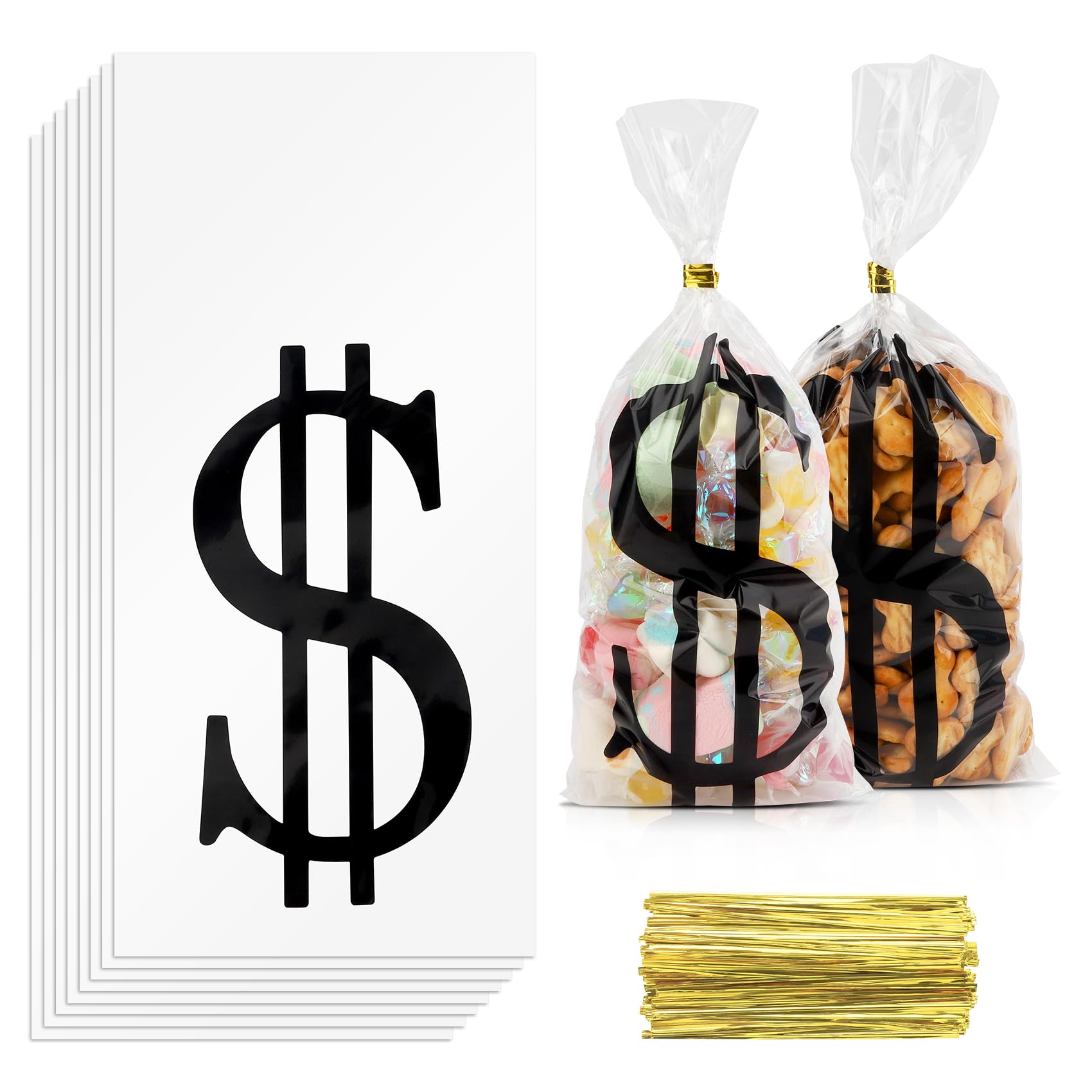 Money Treat Bags, 100PCS Dollar Sign Candy Bags, 10.63x5 Inch Dollar Sign Cellophane Treat Bags, Plastic Cookies Goodie Bags Gift Bags with Twist Ties for Halloween Casino Pirate Party Favors Supplies