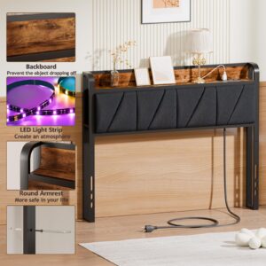 Furnulem LED Headboard with Open Storage Shelf,Black Upholstered Backrest Head Board for Full Size Bed Frame with Outlets, USB Ports,Sturdy and Stable Rack,Height Adjustable,Linen Fabric