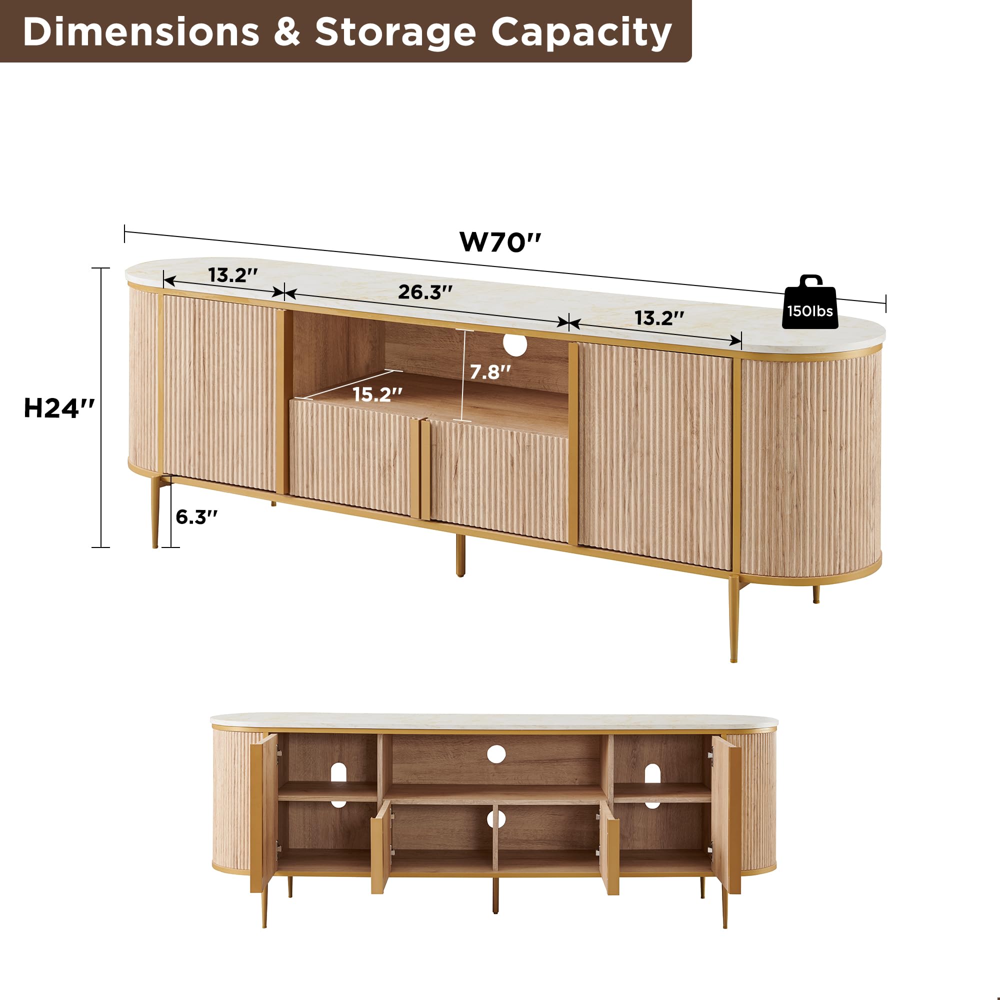 OKD Modern 70" Fluted Sideboard, TV Stand Entertainment Cente with Storage, Sideboard Buffet Cabinet Console for Living Room, Hallway, Natural Oak