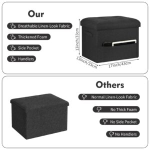 FaiPue Storage Ottoman Foot Rest with Thicker Foam Padded Seat. Small Ottoman with Storage. 350 lbs Linen Folding Footstool Storage Bench for Living Room, Bedroom, Home Office. 17x13x13in, Gray Black