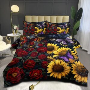 CCoutueChen Butterfly Comforter Set Queen,Yellow Sunflowers Comforter for Girls,Purple Butterfly Bedding,Botanical Floral Bedroom Decor, 3Pcs Soft Lightweight Summer Comforter