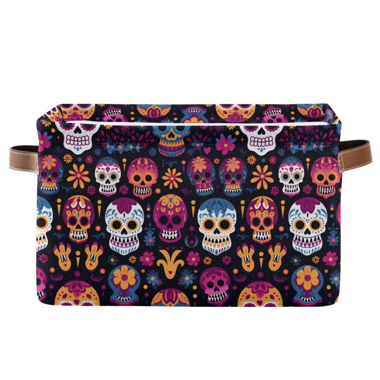 ALAZA Dia De Los Muertos Sugar Skull Foldable Storage Box Storage Basket Organizer Bins with Handles for Shelf Closet Living Room Bedroom Home Office 1 Pack