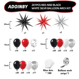 ADOINBY Red Black and White Balloon Arch Kit, 201Pcs Explosion Star Red Black White Silver Latex Balloon Garland kit, Different Size Balloons for Anniversary Birthday Racing Car Poker Party Decoration