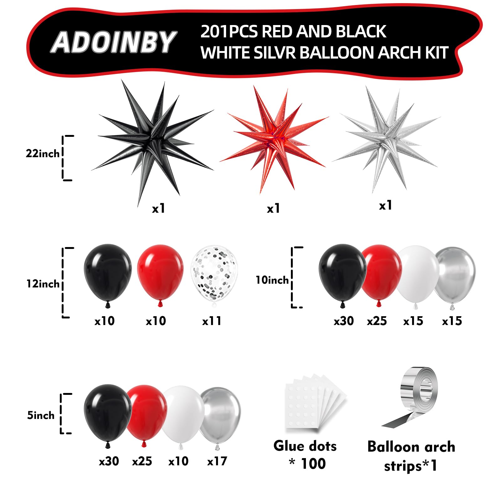 ADOINBY Red Black and White Balloon Arch Kit, 201Pcs Explosion Star Red Black White Silver Latex Balloon Garland kit, Different Size Balloons for Anniversary Birthday Racing Car Poker Party Decoration