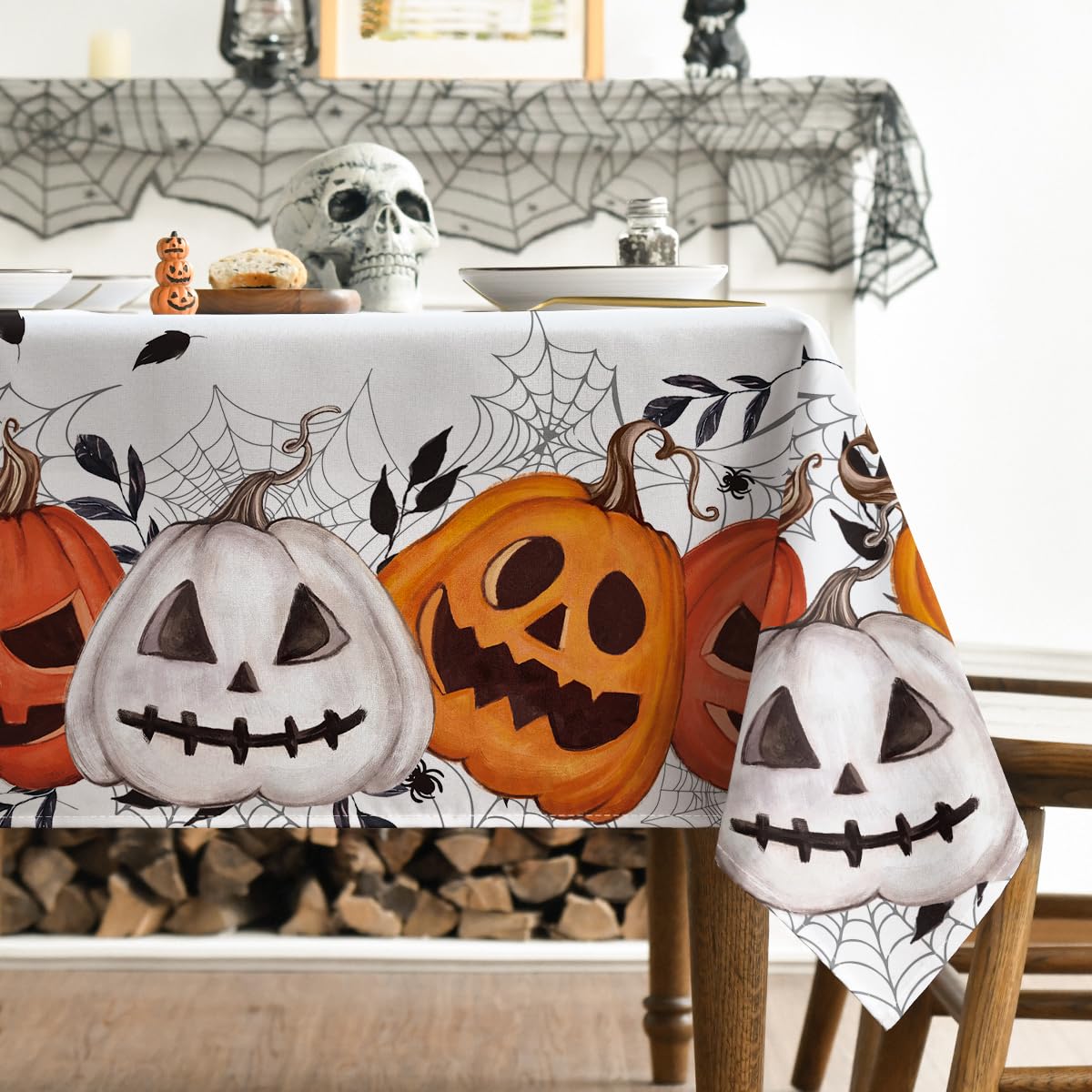 Horaldaily Halloween Tablecloth 60×84 Inch Rectangular, White Orange Jack-O-Lantern Pumpkin Cobweb Washable Table Cover for Party Picnic Dinner Decor