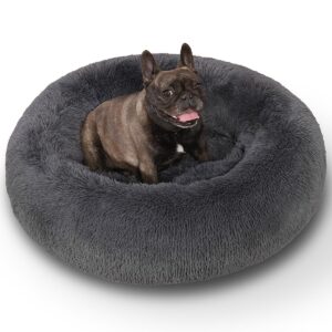 KSIIA Calming Dog Bed Anti-Anxiety Round Donut Dog Beds for Small Dogs Cat Beds for Indoor Cats Fluffy Comfort Small Dog Bed with Ultra-Soft Plush Washable Dog Bed with Non-Skid Bottom, 23", Gray