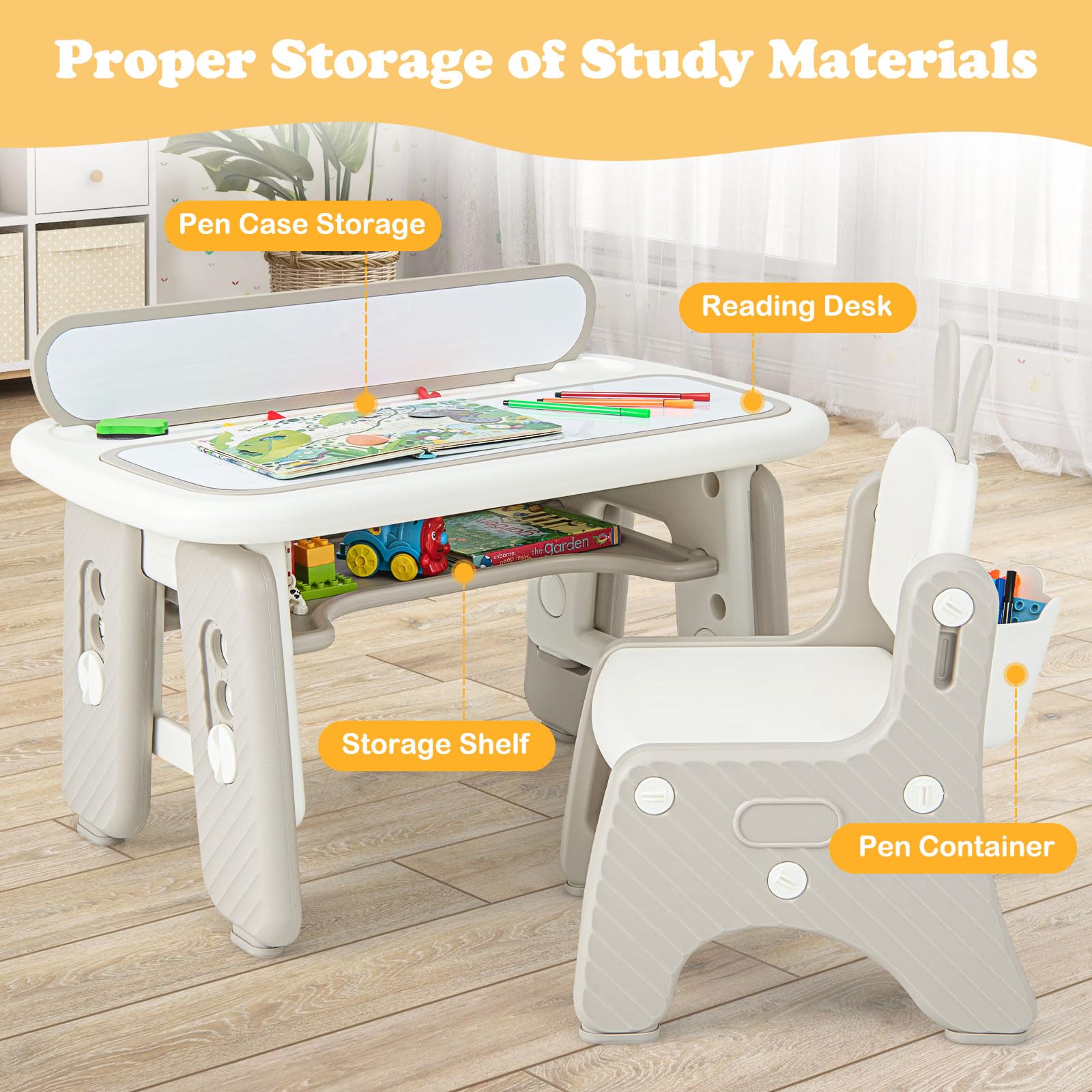 INFANS Kids Table and Chair Set, Activity Table with Magnetic Drawing Board 4 Gears Adjustable Height Bookshelf Watercolor Pens, Toddler Plastic Furniture Table for Playing Reading Eating