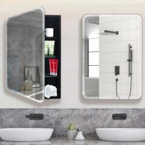 FUMANGO Matt Black Rectangle Recessed Bathroom Medicine Cabinet with 24"x30" Frameless Bevelled Edge Mirror,Recessed or Surface Mount Bathroom Wall Cabinet, Beveled Edges