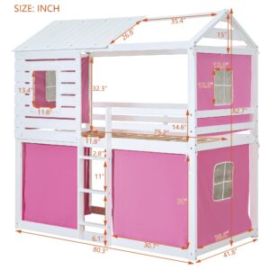 Merax Twin Over Twin Bunk Bed with Tent, Wood Twin Size House Bed Frame, Pink+White