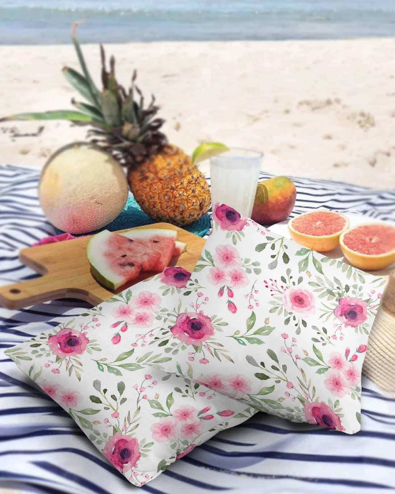 ALAGEO Outdoor Waterproof Pillow Covers for Patio Furniture Pink Flowers Decorative Throw Pillow Cover Spring Style Floral Pillowcases Set of 2 Cushion Case for Sofa Couch Chair Home Decor 18x18 inch