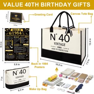 40th Birthday Gifts for Women Canvas Tote Bag Travel Gear, Unique 40 Years Old Birthday Gifts for Her Mom Wife Aunt Friends Turning 40, Vintage N40 Beach Bag & Cosmetic Bag & Back in 1984 Poster