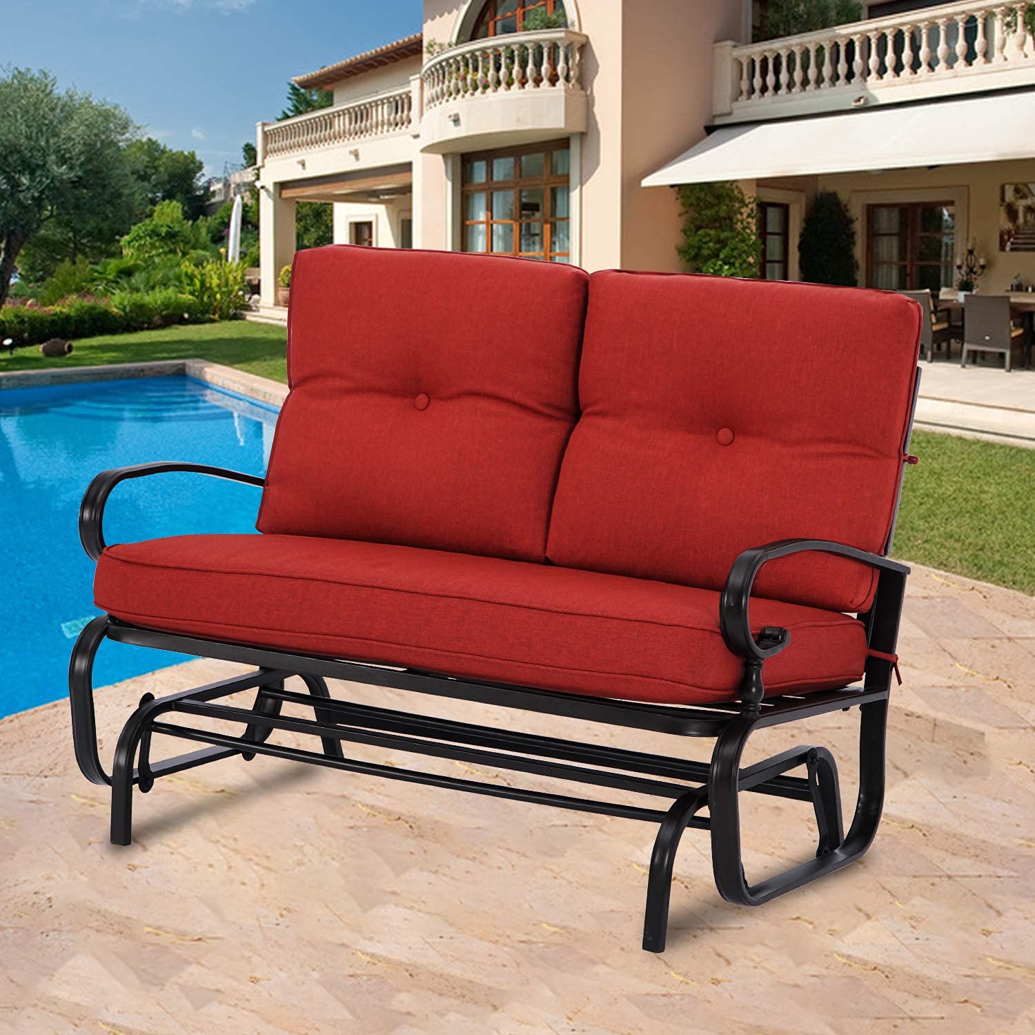 SUNCROWN Outdoor Swing Glider Chair, Patio 2 Seats Loveseat Rocking Chair with Cushions, Steel Frame Furniture-Red