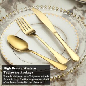 ReaNea Gold Silverware Set 36 Pieces Service for 12, Stainless Steel Titanium Gold Flatware Set include Knives Spoon Forks Set, Silverware Set, Serving Utensil Set