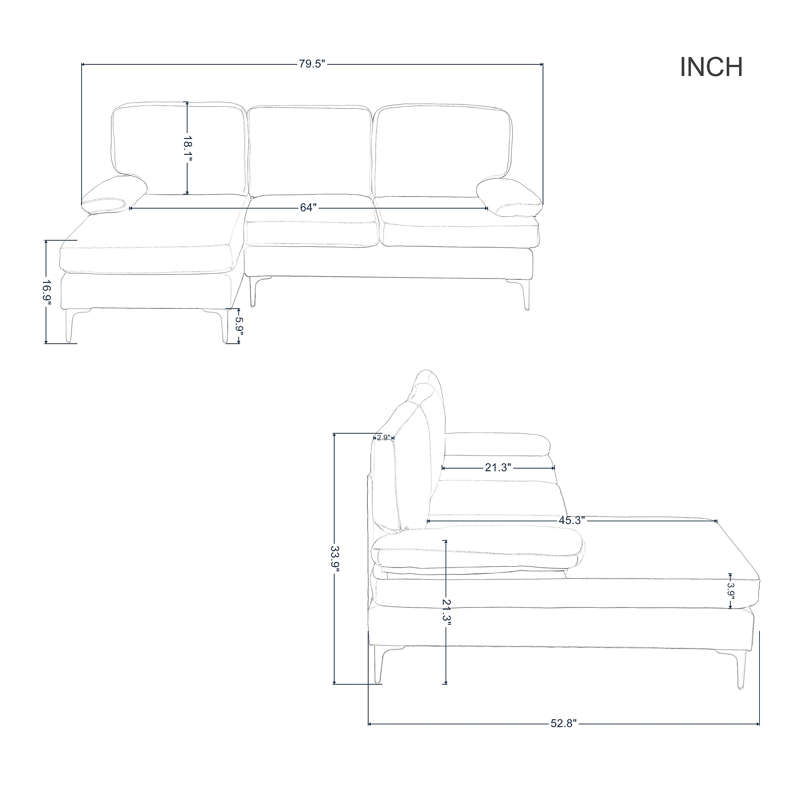 SONGG 79.5" L-Shape Convertible Sectional Sofa with Extra Wide Chaise Lounge, Metal Legs, 3-Seat Upholstered Couch w/Two Detachable Armrest Pillows for Small Space, Living Room, Apartment, Office