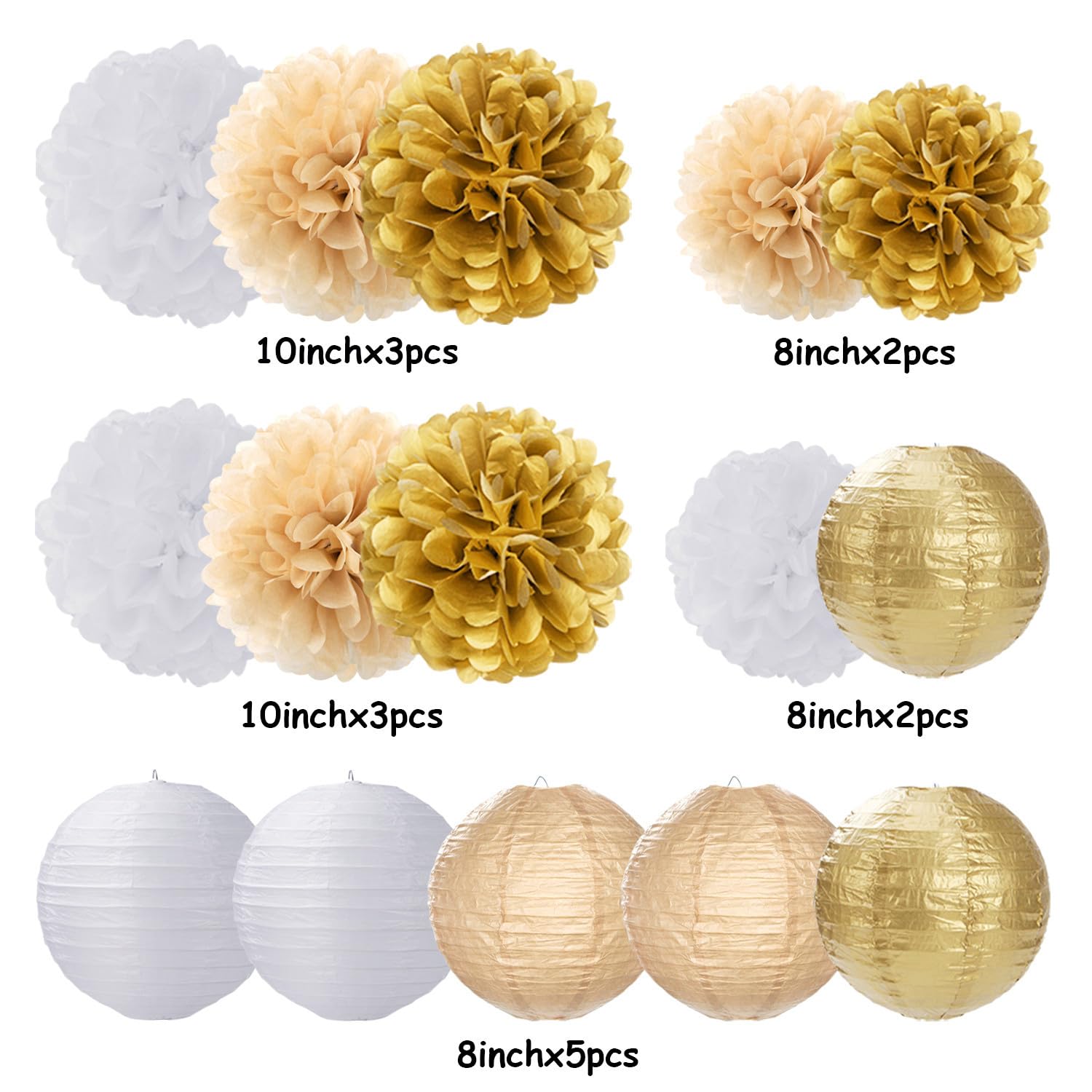 White Gold Party-Decorations Paper Flowers Lanterns - 15PCS Engagement Birthday Graduation Wedding Tissue Pom Poms Streamers,Neutral Bachelorette Baby Bridal Shower Hanging Supplies Decor Hugfond