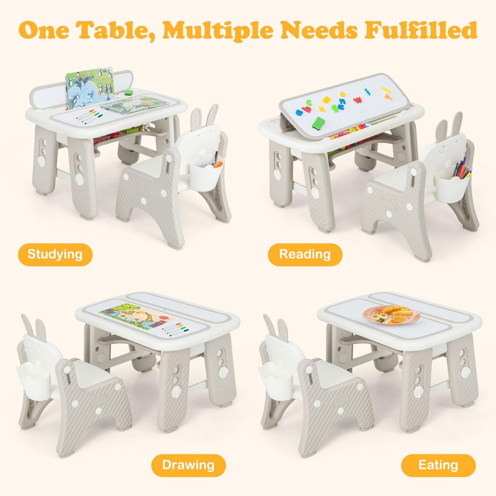 INFANS Kids Table and Chair Set, Activity Table with Magnetic Drawing Board 4 Gears Adjustable Height Bookshelf Watercolor Pens, Toddler Plastic Furniture Table for Playing Reading Eating