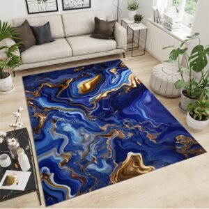 HUAKAM Navy Blue and Gold Marble Area Rug, Retro and Luxurious Living Room Throw Rugs, Machine Washable Rug Lightweight Portable Breathable for Bedroom Study Dining Room5 x 7ft, Style-20