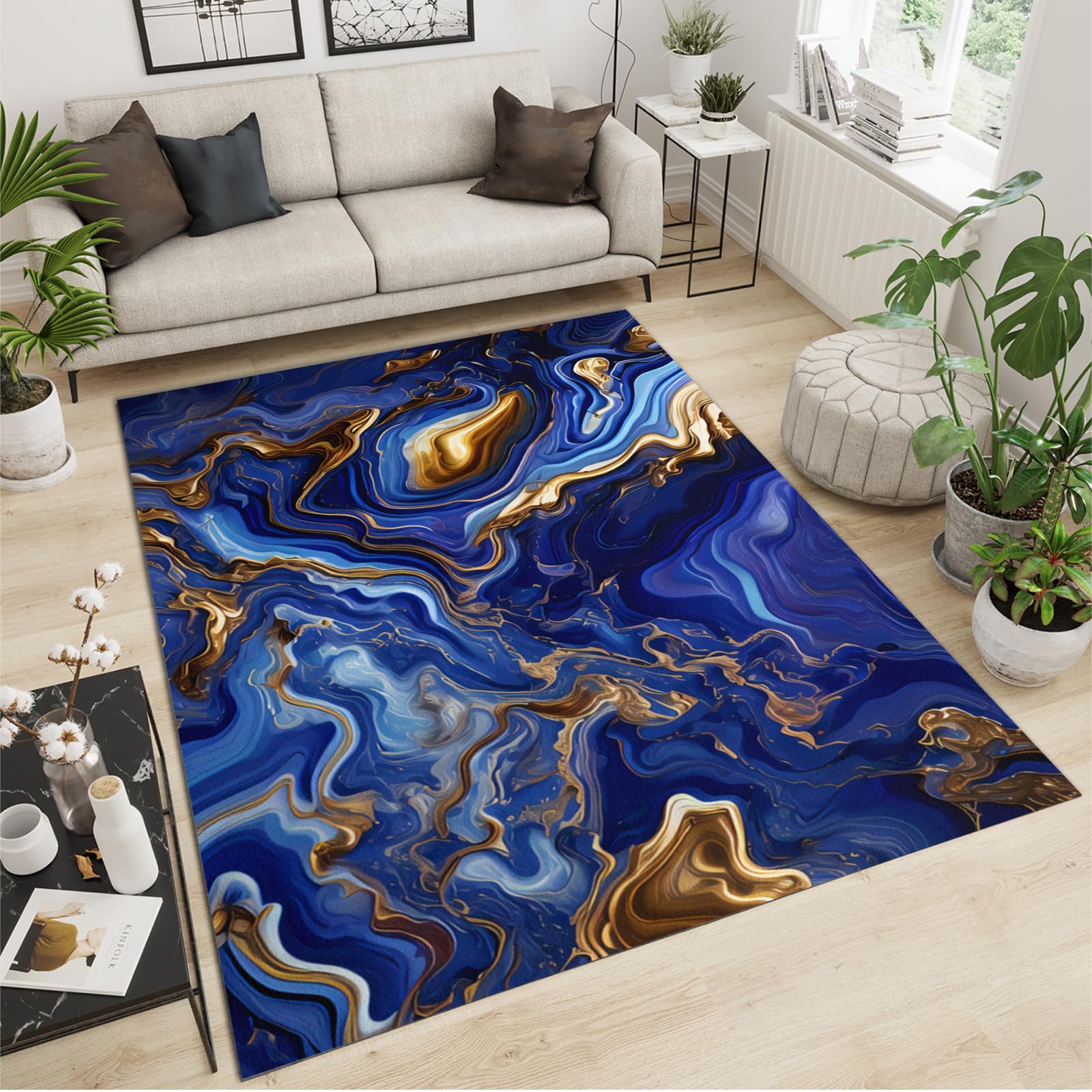 HUAKAM Navy Blue and Gold Marble Area Rug, Retro and Luxurious Living Room Throw Rugs, Machine Washable Rug Lightweight Portable Breathable for Bedroom Study Dining Room5 x 7ft, Style-20