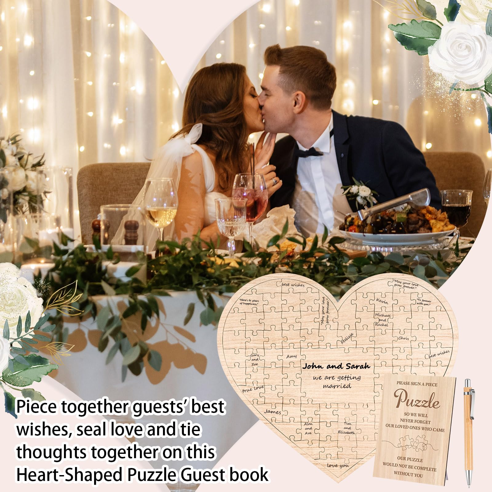 Wooden Jigsaw Puzzle Wedding Guest Book Alternative Guest Book with Sign and Pen Wooden Heart Shaped Wedding Guest Book Personalized Bridal Shower Guest Book for Engagement Anniversary Party,77 Pieces