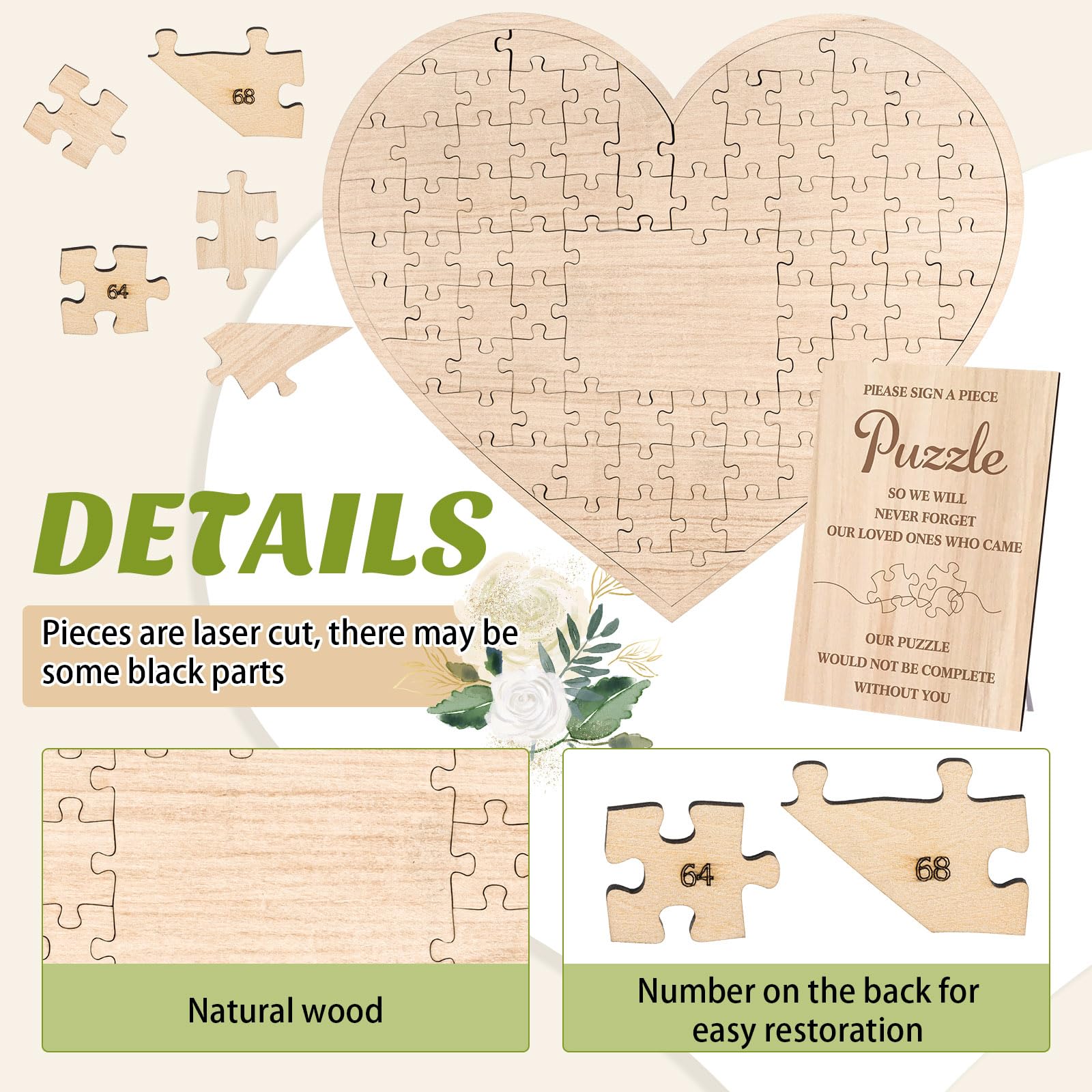 Wooden Jigsaw Puzzle Wedding Guest Book Alternative Guest Book with Sign and Pen Wooden Heart Shaped Wedding Guest Book Personalized Bridal Shower Guest Book for Engagement Anniversary Party,77 Pieces