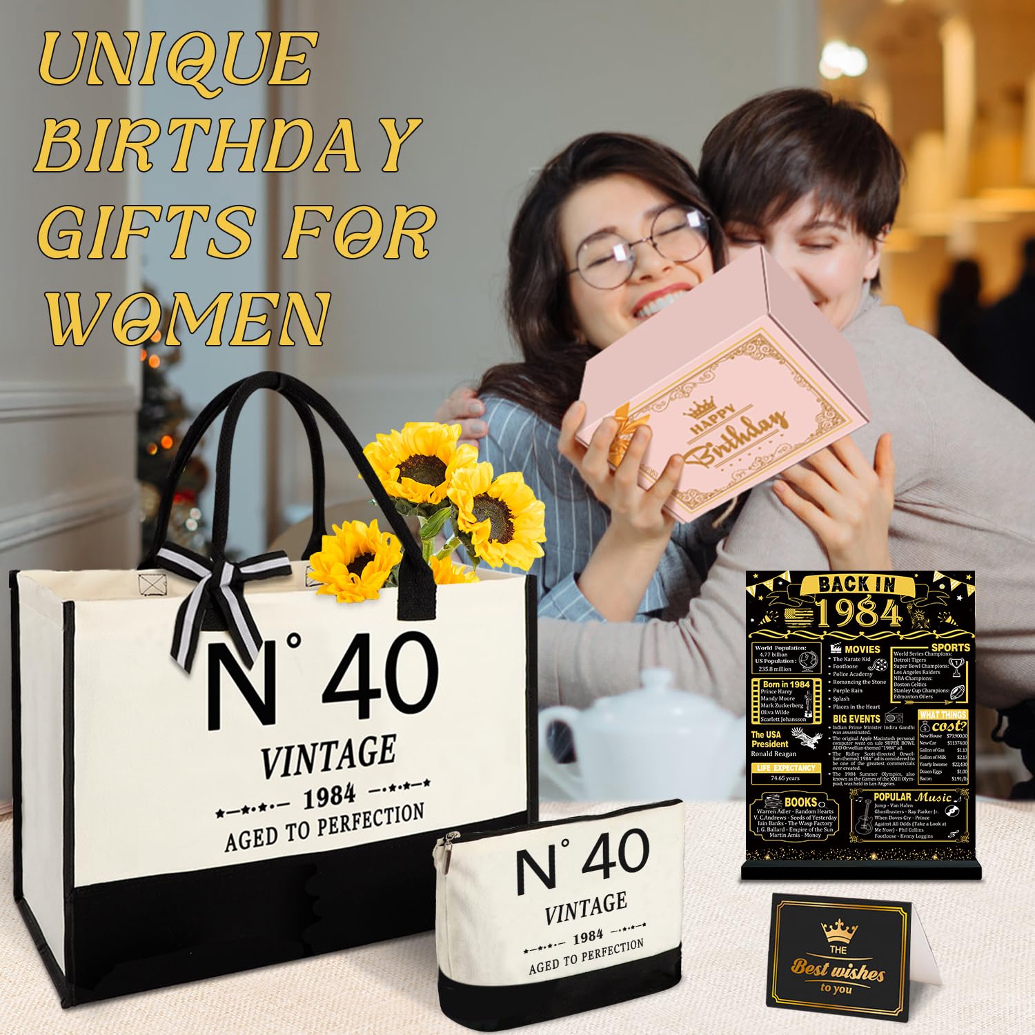 40th Birthday Gifts for Women Canvas Tote Bag Travel Gear, Unique 40 Years Old Birthday Gifts for Her Mom Wife Aunt Friends Turning 40, Vintage N40 Beach Bag & Cosmetic Bag & Back in 1984 Poster