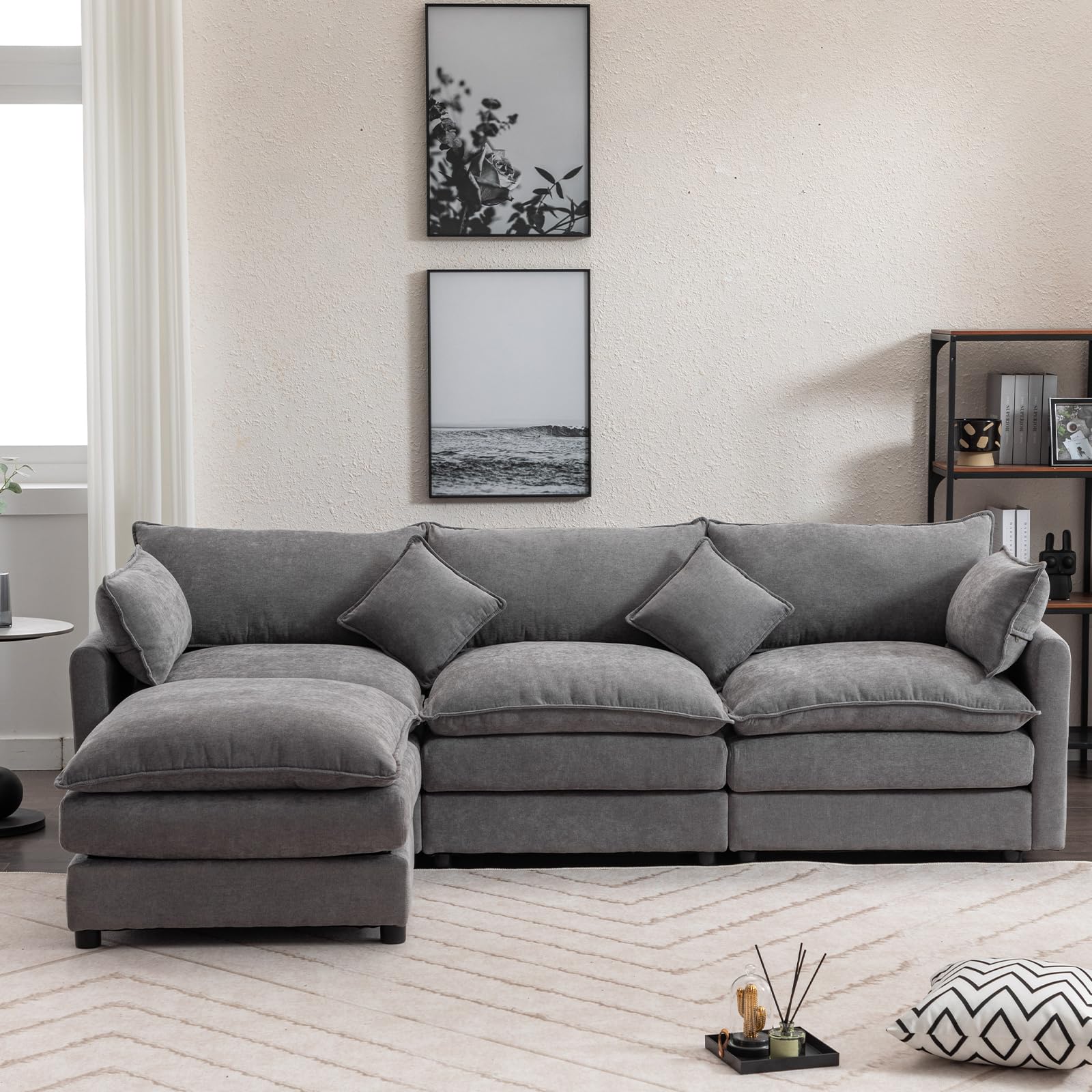 Comfy Cloud Couches for Living Room, 24.8" Extra Deep Modular Sectional Sofa with Ottoman Fluffy Chenille Modern Sofas Upholstered Comfortable L-Shaped Couch for Apartment Lounge Furniture Set (Grey)