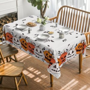 Horaldaily Halloween Tablecloth 60×84 Inch Rectangular, White Orange Jack-O-Lantern Pumpkin Cobweb Washable Table Cover for Party Picnic Dinner Decor