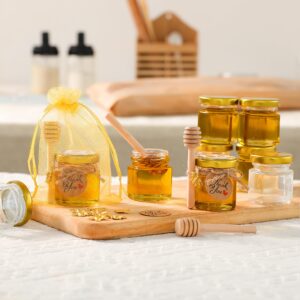 GIVAMEIHF 60Pcs Mini Glass Honey Jars,1.5oz Hexagon Small Honey Jars with Wooden Dippers,Gold Bags,Bee Charms,Thank You Cards,Rope,Stickers,Mini Honey Jars Party Favors for Baby Shower Wedding