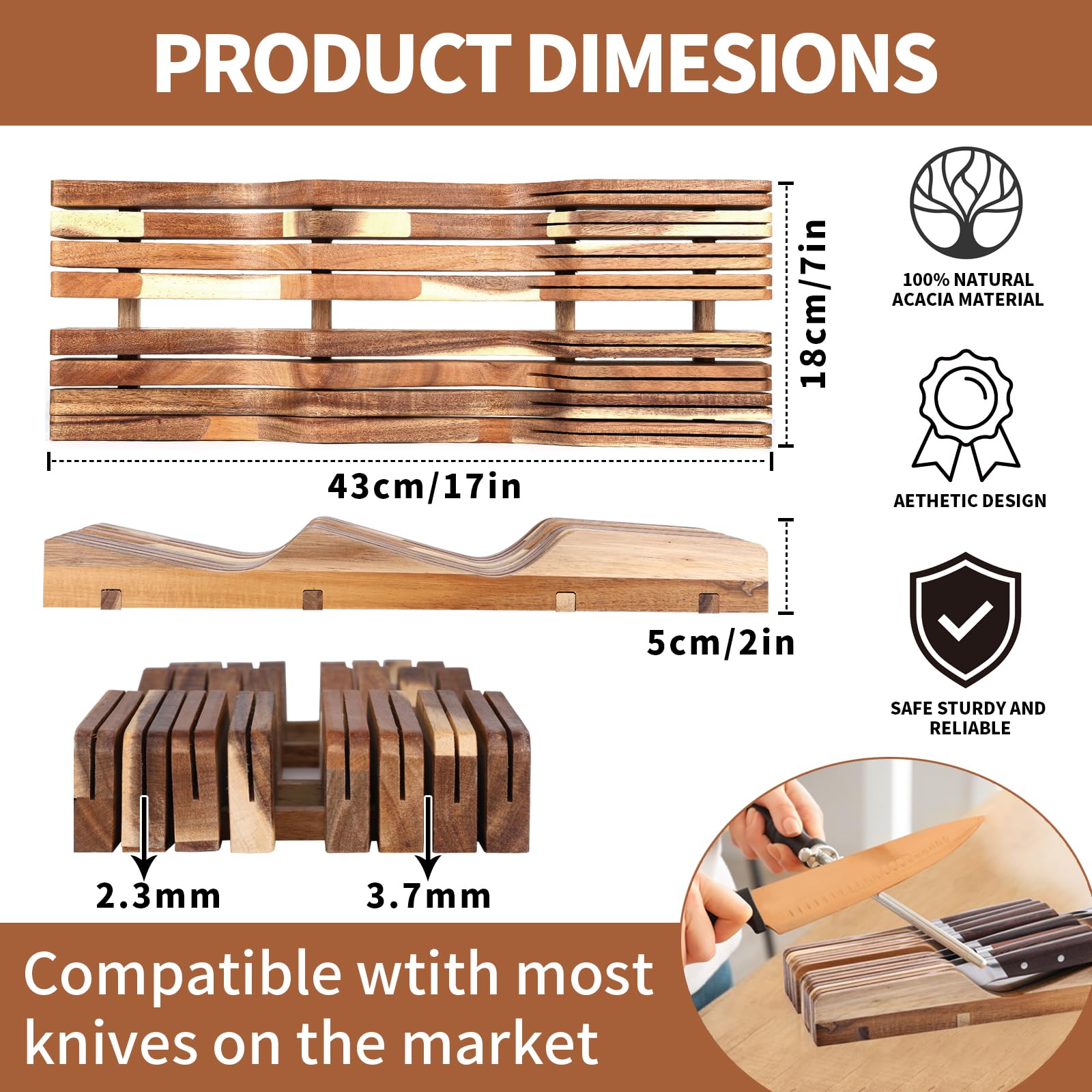 Ouvibor Acacia Wood Knife Drawer Organizer, In-Drawer Knife Block for 16 Knives & Honing Steel(Not Included), Drawer Knife Organizer for Steak Knives,Kitchen Knives, Washable & Saves Countertop Space