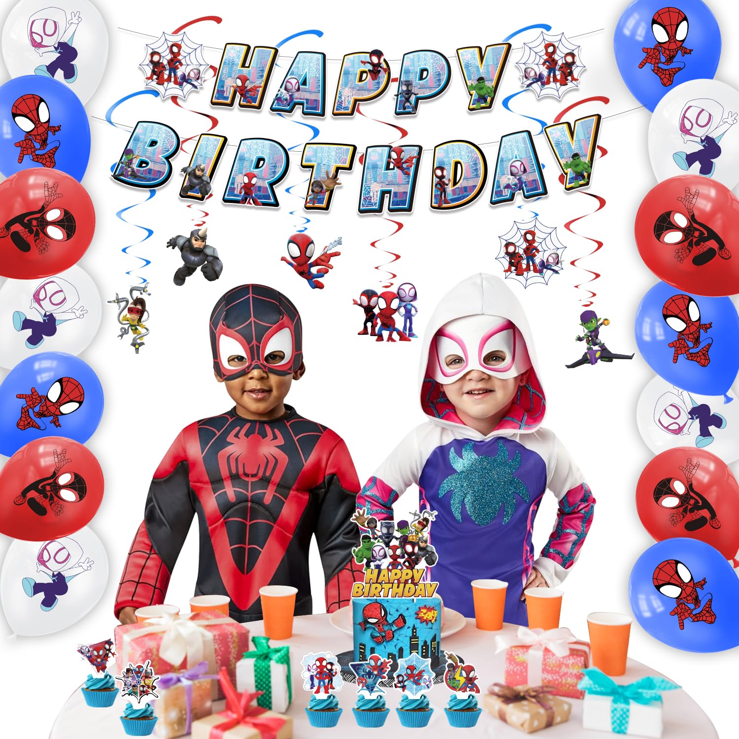 Spidey Party Supplies Set Include Banner, Balloons, Hanging Swirls,Cake Topper, Cupcake Toppers, Masks and Tablecloth For Party