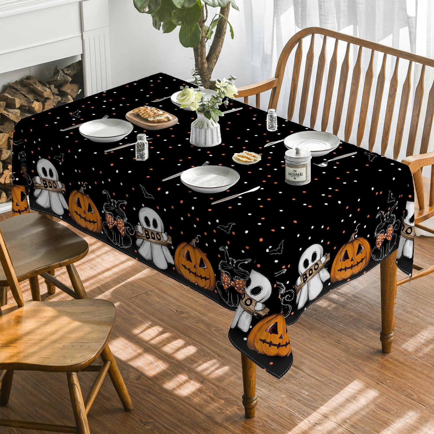 Horaldaily Halloween Tablecloth 60×84 Inch Rectangular, Jack-O-Lantern Ghost Cat Dots Washable Table Cover for Party Picnic Dinner Decor